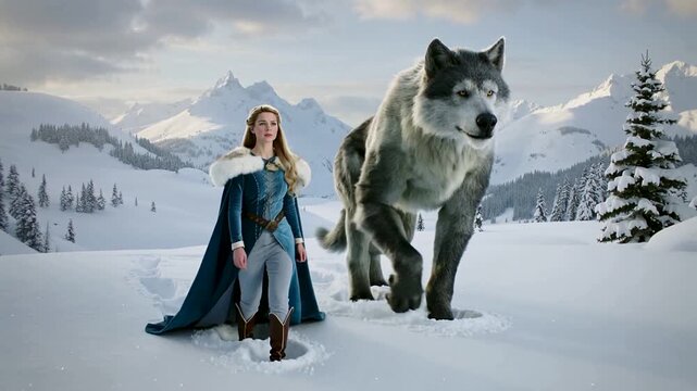 Blonde woman in a teal outfit and fur-lined cape walking with a massive grey wolf through a snowy mountain fantasy landscape
