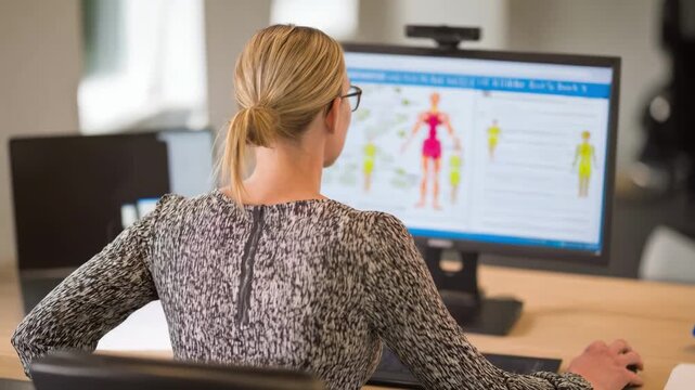Woman sitting at a desk with posture assessment software displaying customized corrective exercises on a computer screen.