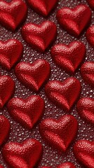 Rows of shiny, textured, metallic red heart-shaped chocolates scattered across a dark surface.