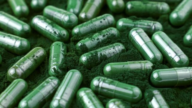 Chlorella or spirulina algae green powder capsules circle rotation close up. Dietary supplement to improve health. Seaweed superfood. Healthy food background. Vitamins and minerals to diet detox