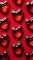 Close-up overhead view of multiple translucent ruby red heart-shaped candies scattered evenly.