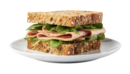 Half sandwich with lean protein and leafy greens on whole grain bread isolated on white illustrating a nutrientrich snack plate designed to stabilize blood sugar effectively.