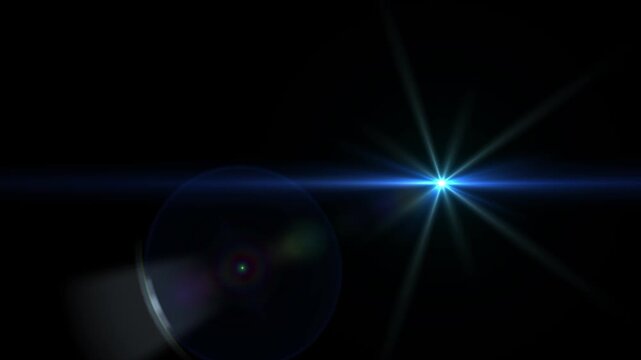 Dramatic lens flare sequence, Striking blue lens flare featuring a sharp starburst emanating light rays and subtle circular bokeh elements against a dark void for digital effects.