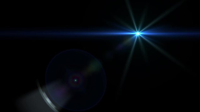 Vibrant blue lens flare with a starburst effect and circular light patterns on a black background, ideal for adding a futuristic or magical touch to visuals.