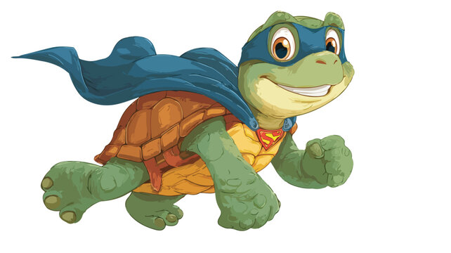 Superhero Turtle Cartoon Character in Cute Costume with Outline for Design Projects