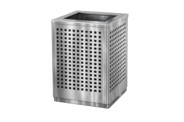 Stainless steel perforated waste bin for public spaces, promoting cleanliness and recycling on transparent background