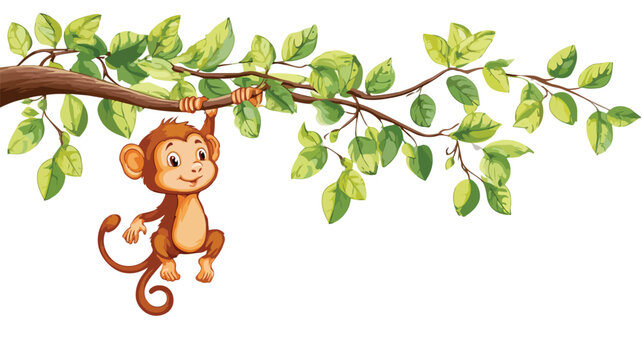 Playful Cartoon Monkey Hanging in Tree Vector with Outline Isolated