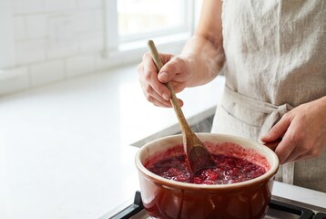 Woman stirs a pot of red fruit mixture on a stove in a kitchen during daytime while preparing homemade jam