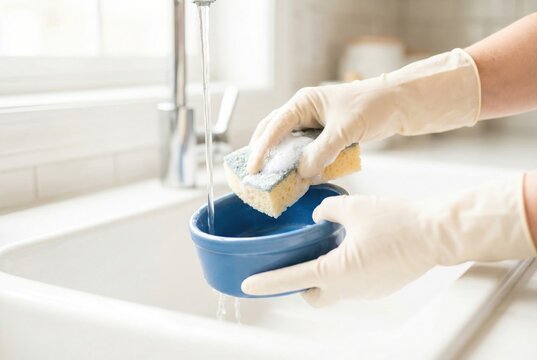 Dish cleaning activity at a kitchen sink with water running and a person wearing gloves holding a sponge