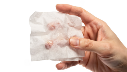 Closeup of a hand holding a tissue with clear l discharge against a plain white backdrop emphasizing texture and moisture details.