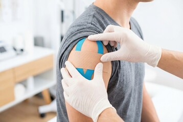 Medical professional applies bandage to patient's arm after treatment in clinic during daytime