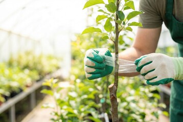 Gardener prepares plant by wrapping the trunk with plastic in a greenhouse during daytime