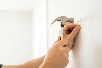 Hand uses hammer to attach hook to wall in home during daylight hours for organizing items and decorating space