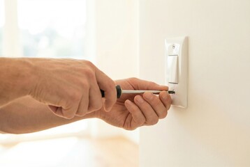 Person changes light switch using screwdriver in bright room during day