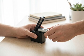 Person replaces battery in small device while sitting at desk with books and plant in background during daylight hours