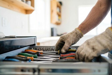 Person organizing screwdrivers in a toolbox at a workbench in a bright workshop during daytime hours in a residential setting