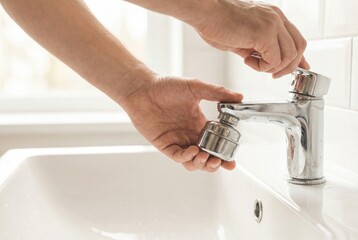 Hands adjusting a silver faucet in a bathroom sink while preparing water for washing hands or cleaning purposes during daytime