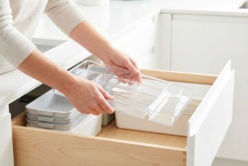 Organizing kitchen drawer using clear containers and sorting trays for better arrangement of items and tools