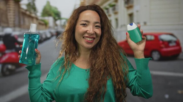 Woman holding two green personal care bottles in both hands on street while smiling at camera; cheerful product demo.