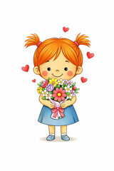 Cute little girl with orange pigtails holding a beautiful colorful flower bouquet and smiling happily on a white background with copy space