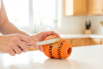 Person spreads peanut butter on a rubber dog toy in a kitchen with wooden cabinets and bright light during the daytime