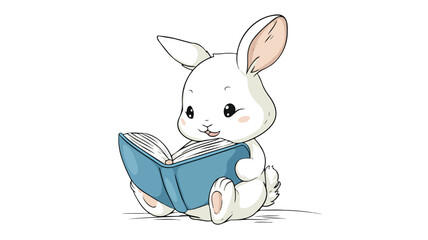 Adorable Rabbit Reading Book Vector Illustration on White Background