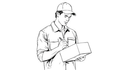 Professional Delivery Man Holding Package and Clipboard Vector Outline Illustration