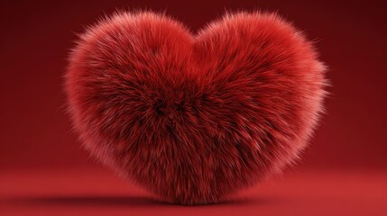 Fluffy deep red heart shape object resting on a matching solid colored studio background