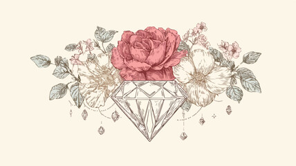 Elegant Diamond and Flower Line Art Design Vector Illustration