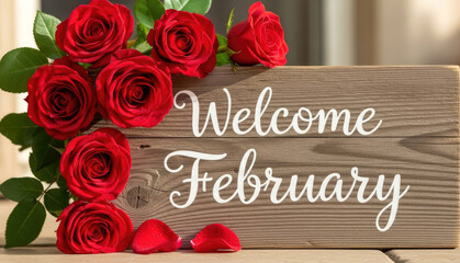 Welcome February wooden sign with red roses for Valentine's Day celebration greeting card. Winter holidays concept.
