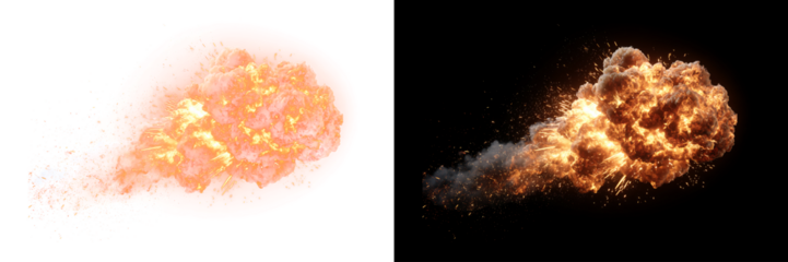 Fire explosion with sparks and smoke isolated PNG for overlay on black and transparent background