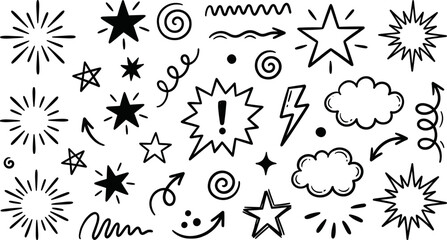 Hand drawn doodle set of stars, arrows, and other decorative elements.
