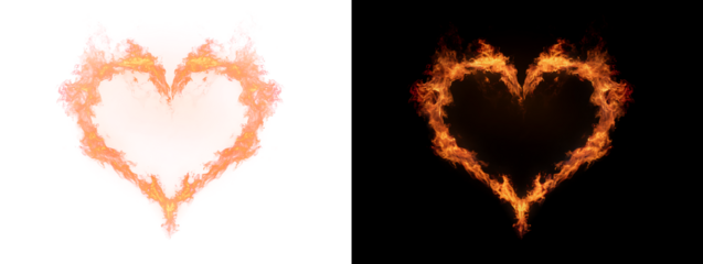 Burning fire heart shape isolated PNG for overlay on transparent background with sparks and flame effect