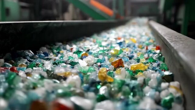 Midrange footage showing a machine sorting plastic materials on a conveyor belt in a modern waste management plant.