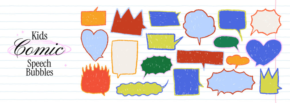 Funky crayon drawn speech bubble set. School doodle text box elements for kids notes. Vector talk balloon elements in heart, fire, crown, oval, rectangle, circle. Chalk empty emphasis silhouettes.