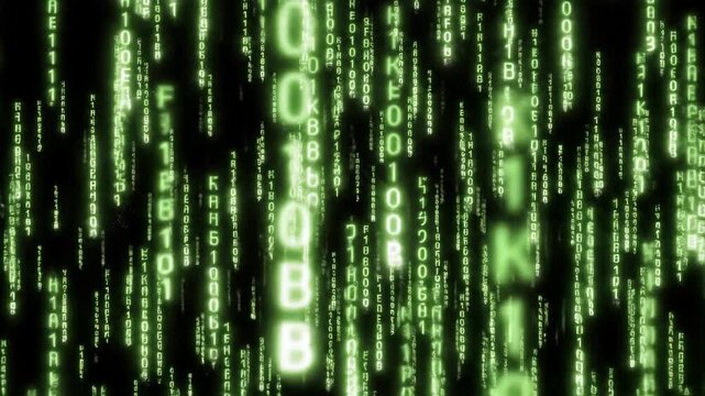 Abstract 3D animation of digital code raining down. Green symbols and numbers flowing on black background. Futuristic data stream visualization in cyber space.