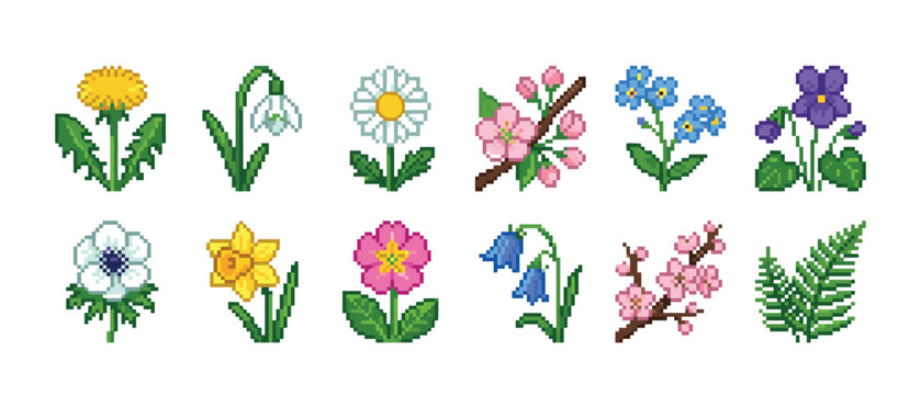 Pixel art collection of colorful spring flowers including dandelion, snowdrop, daisy, and cherry blossom in a retro 8-bit video game style illustration set