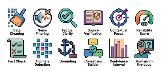 Collection of twelve pixel art icons representing data science and AI concepts like fact-checking, noise filtering, and anomaly detection in a colorful retro 8-bit style
