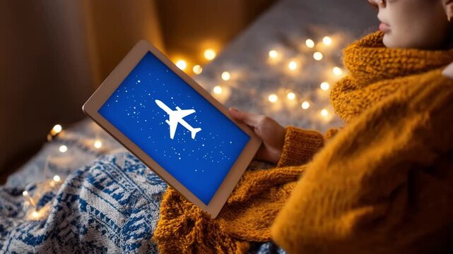 Traveler tapping through an airline booking app on a tablet selecting flights and adding extras in a cozy indoor environment.