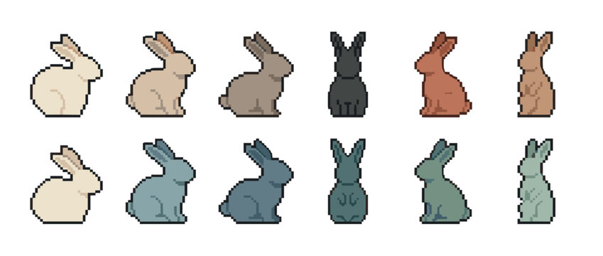 Set of pixel art rabbit characters in a diverse color palette and various poses, designed as a collection of sprites for a retro 8-bit video game or digital art project