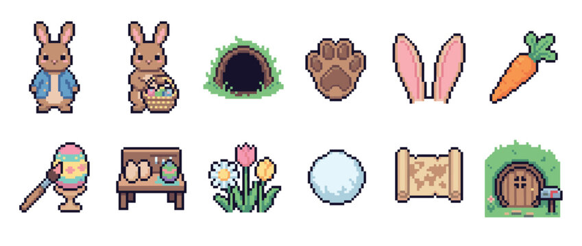 Pixel art Easter bunny icon set with cute characters, decorated eggs, a carrot, and a burrow home in a retro 8-bit video game style for a spring holiday celebration