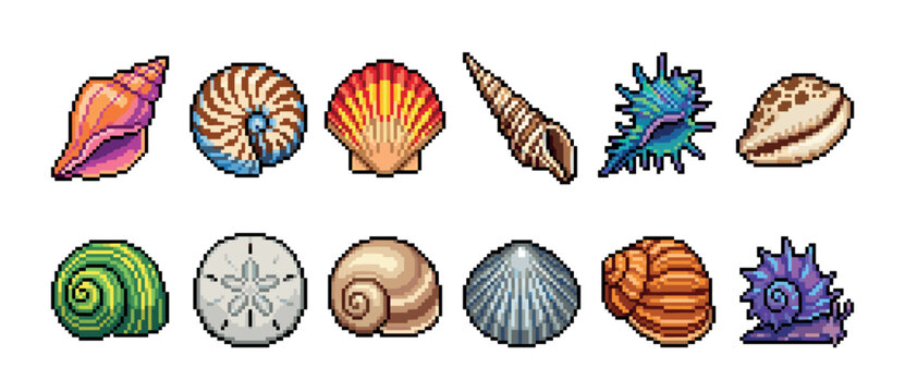 Pixel art seashell and mollusk icons set featuring a variety of colorful and detailed 8-bit marine life specimens for a retro video game asset or digital illustration project