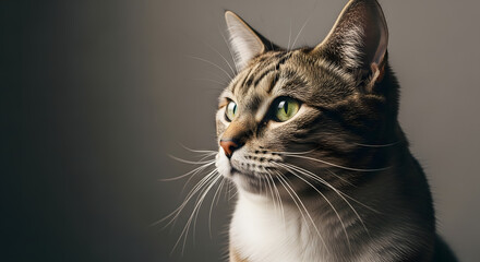 A close-up portrait of a beautiful tabby cat with green eyes