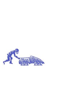 Vertical 4K video. Line art doodle bobsledder blue man jumps into bobsled and rides down white snow mountain. Cartoon loop animation. Concept of bobsleigh, winter extreme sports competition, win