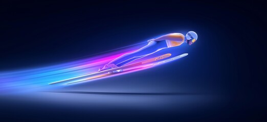 ski jumping banner. ski jumping dynamic wallpaper with colorful light trails on a dark background