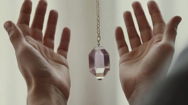 Open human hands in calm mood holding crystal pendulum against neutral background