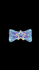 Fototapeta premium A translucent blue iridescent bow featuring a central star made of small pearls, centered on a deep black background for a high-contrast y2k aesthetic. Keywords: bow, star, pearls, iridescent,