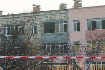 Shattered windows scar this school in Kyiv. russian missile strikes targeted the facility. moscow's putinist terrorists seek to destroy innocent Ukrainian children. January 20, 2026.