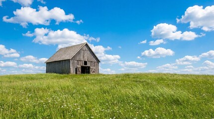 Obraz premium Rural landscape with Old wooden barn in green meadow under blue sky and clouds