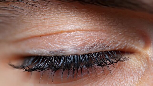 Womans blue eye in extreme macro closeup blinking sequence. Detailed view of iris pupil and long eyelashes during natural eye closure for beauty and anatomy visualization.